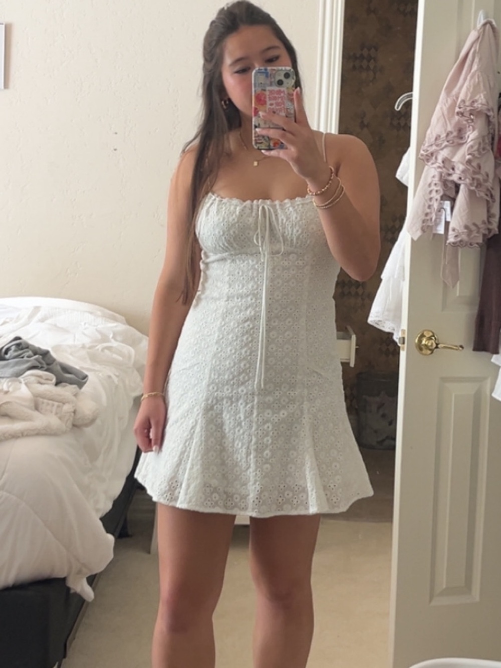 American Threads White Eyelet Tie-Front Mini Dress